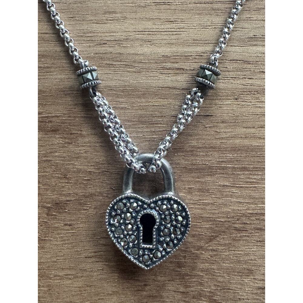 Vintage JUDITH JACK JJ Sterling Silver Marcasite Heart Lock Chain Necklace 16.5”